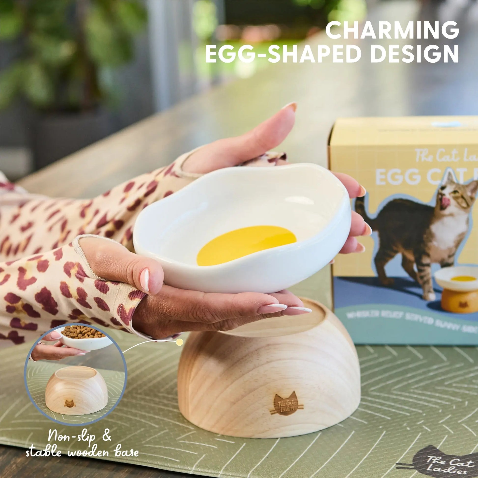 Egg Design Elevated Ceramic Cat Bowl with Wooden Stand – Whisker-Friendly Pet Food Bowl