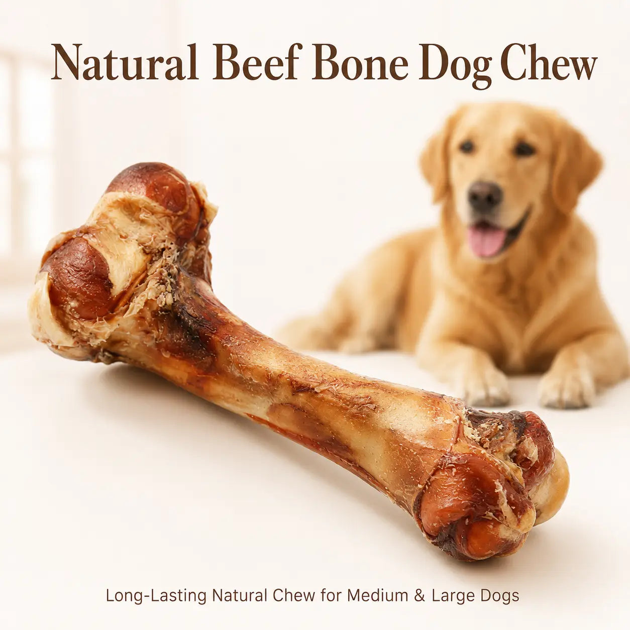 Natural Beef Bone Dog Chew – Long-Lasting Single-Ingredient Roasted Treat for Medium & Large Dogs