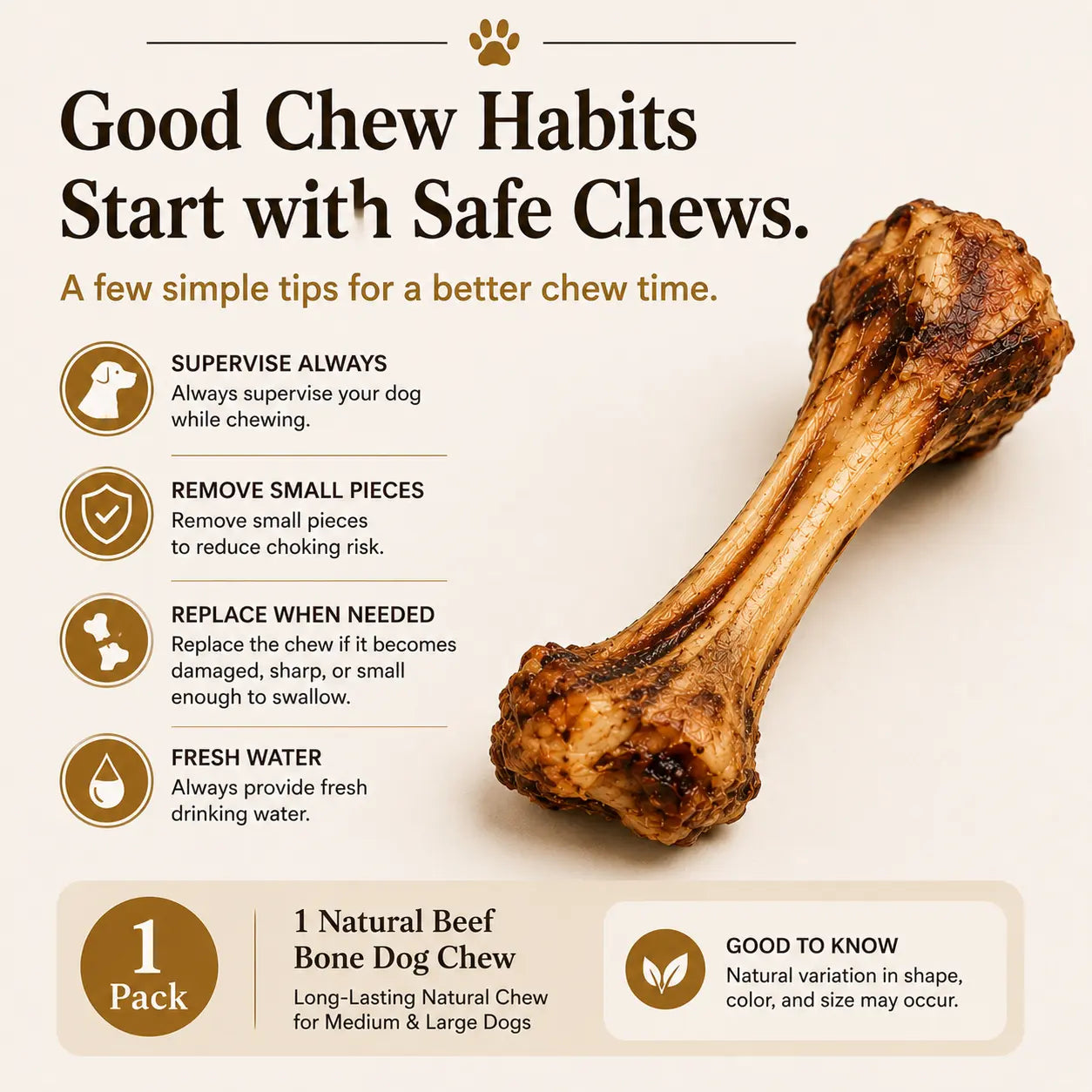 Natural Beef Bone Dog Chew – Long-Lasting Single-Ingredient Roasted Treat for Medium & Large Dogs