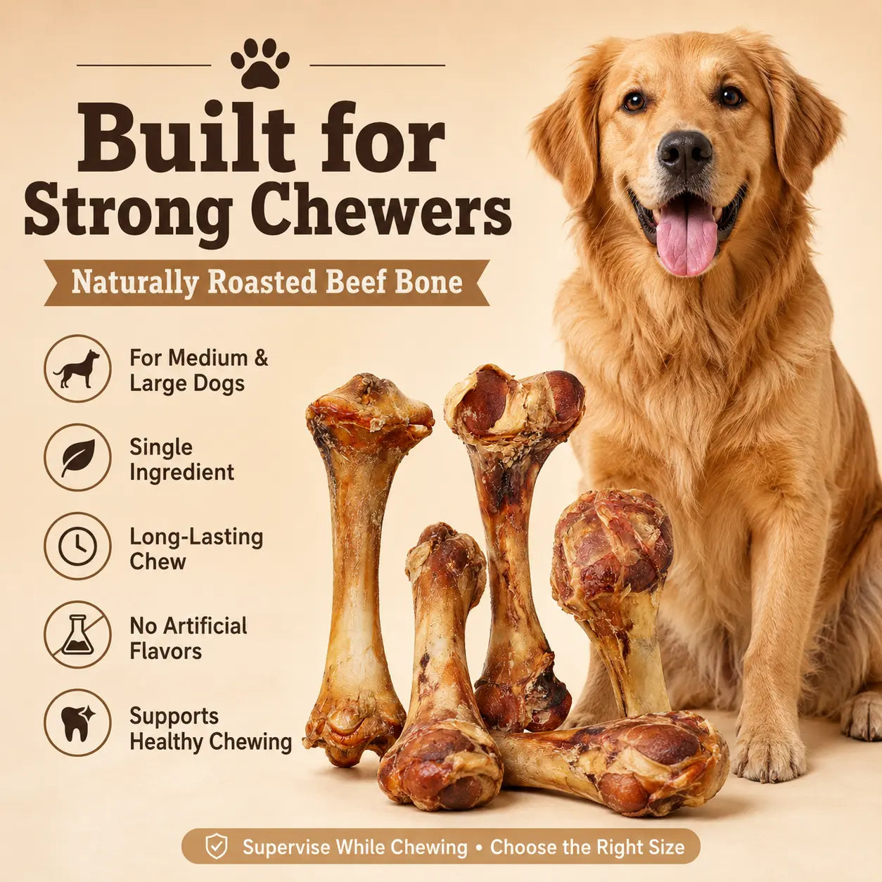 Natural Beef Bone Dog Chew – Long-Lasting Single-Ingredient Roasted Treat for Medium & Large Dogs