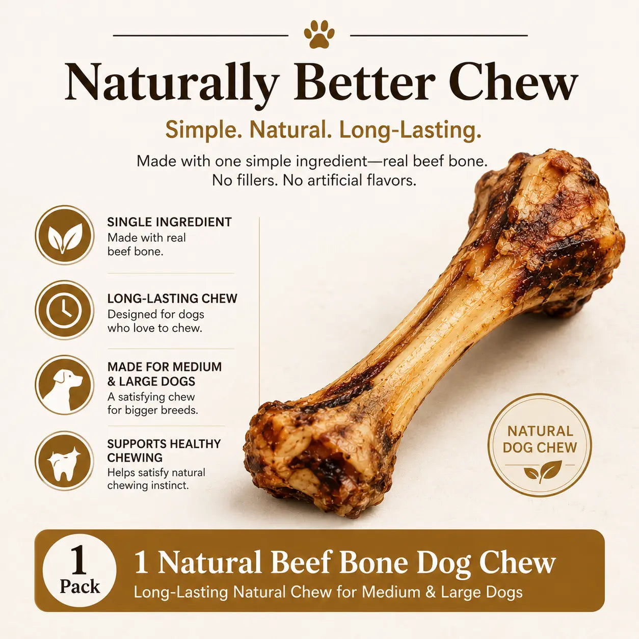 Natural Beef Bone Dog Chew – Long-Lasting Single-Ingredient Roasted Treat for Medium & Large Dogs