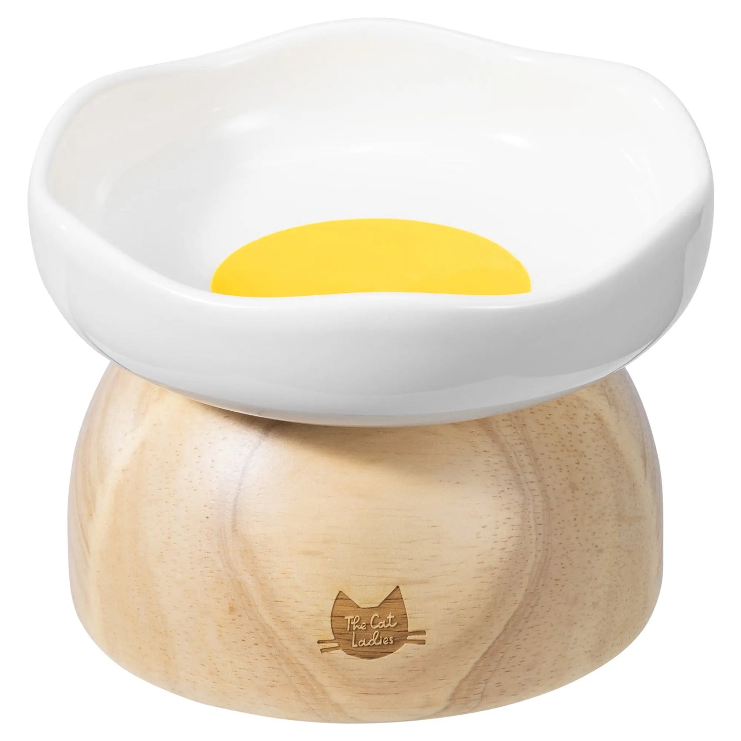 Egg Design Elevated Ceramic Cat Bowl with Wooden Stand – Whisker-Friendly Pet Food Bowl