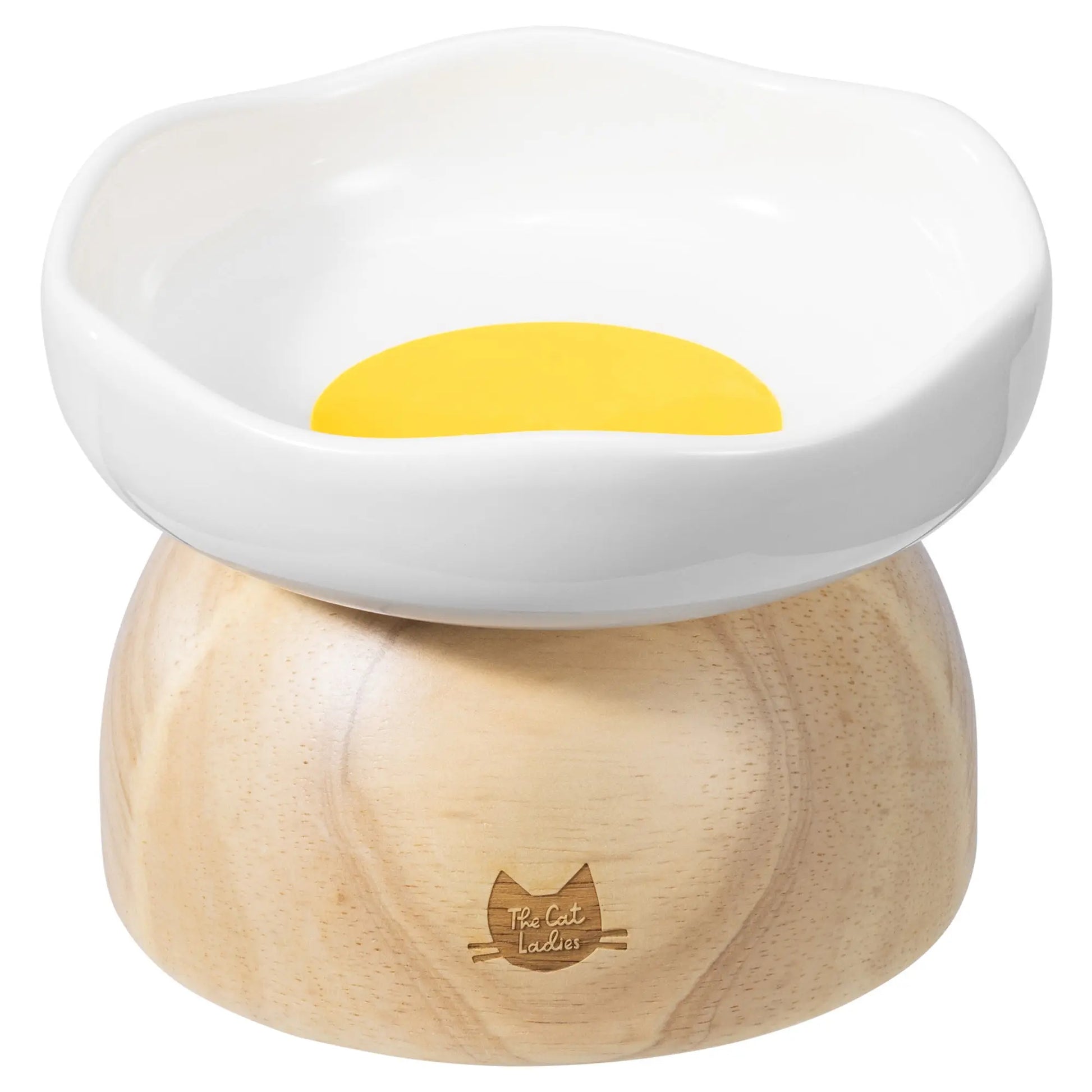 Egg Design Elevated Ceramic Cat Bowl with Wooden Stand – Whisker-Friendly Pet Food Bowl