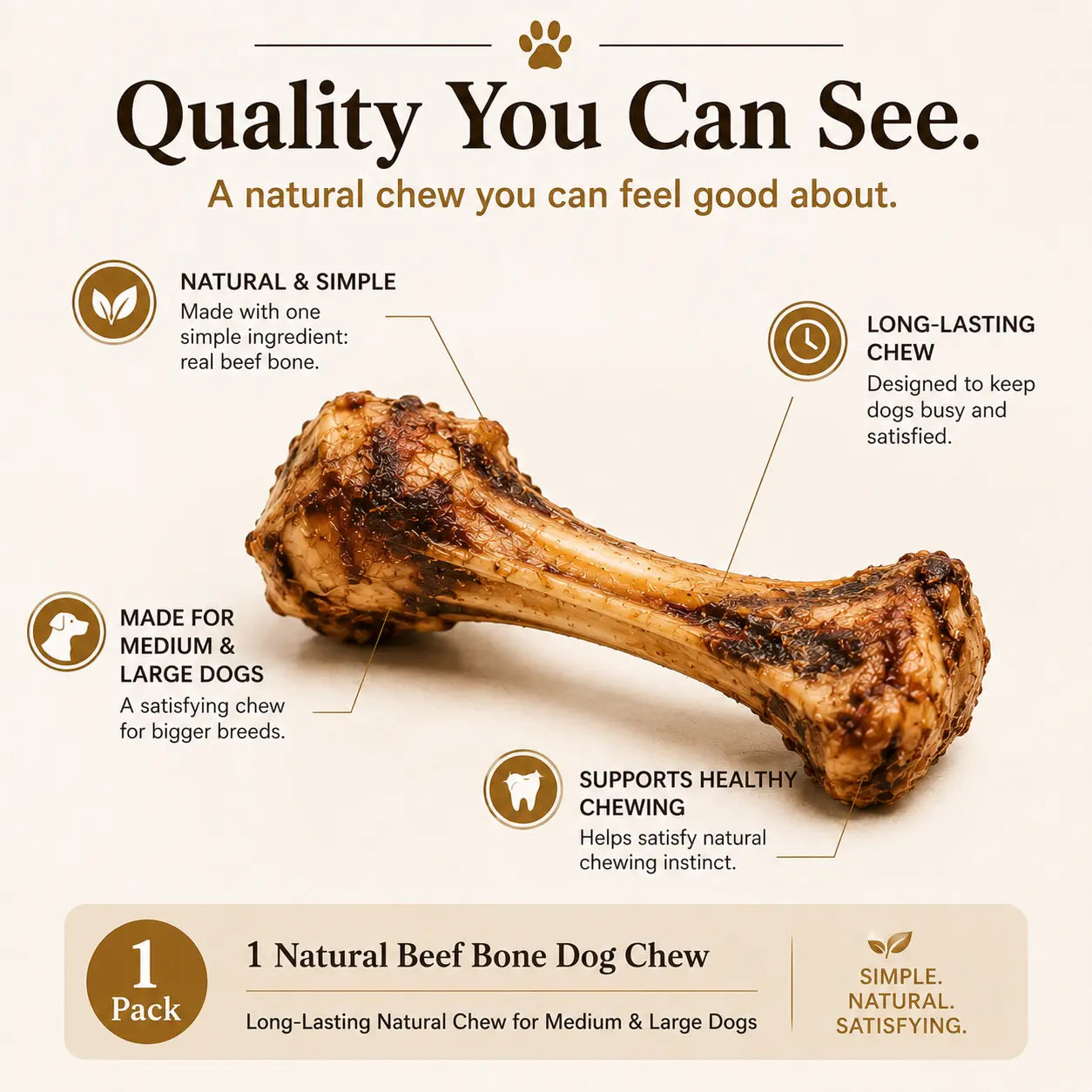 Natural Beef Bone Dog Chew – Long-Lasting Single-Ingredient Roasted Treat for Medium & Large Dogs